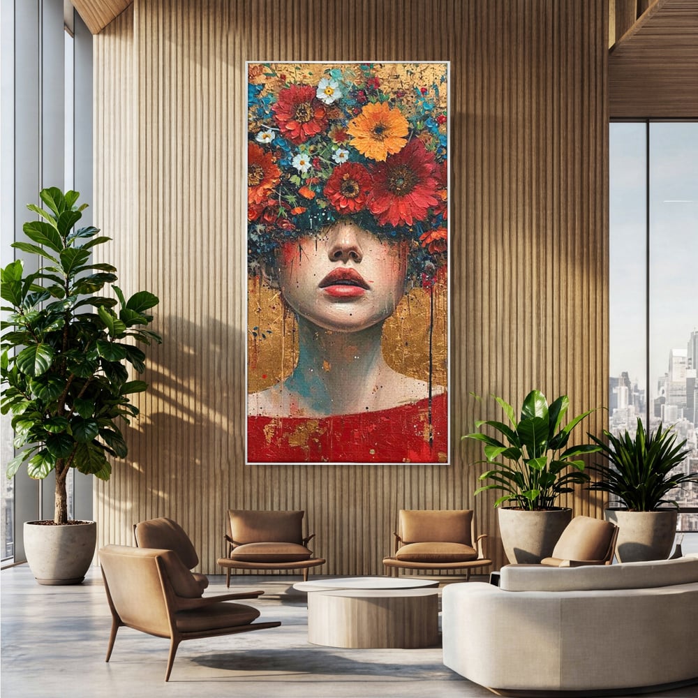 Tablou canvas cu tablou canvas cu portret de femeie si flori, in rama de aluminiu argintiu, pe perete intr-un birou